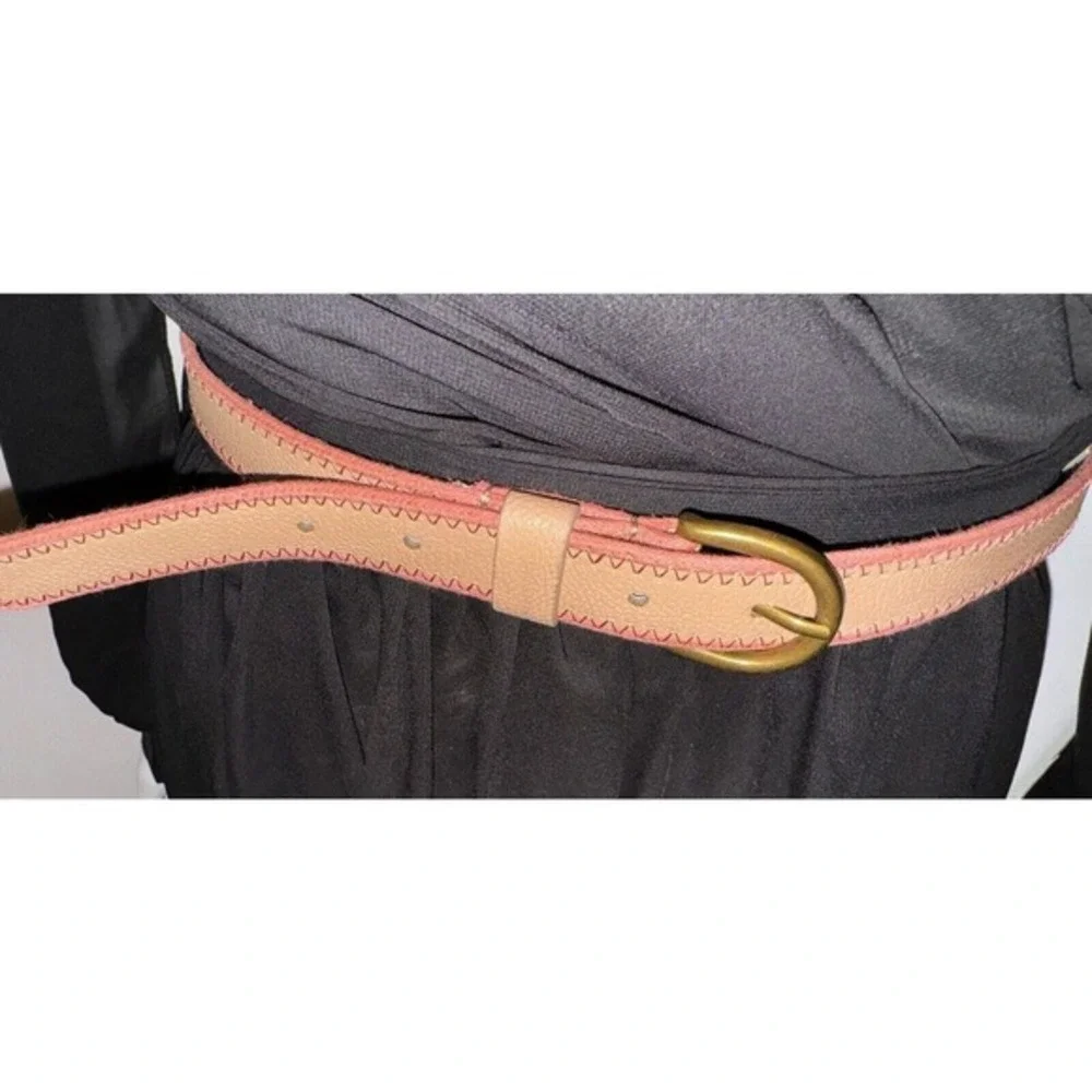 LOFT Skinny Belt Beige Tan Pebbled Faux Leather Pink Whipstitch‎ S Preppy 47-66